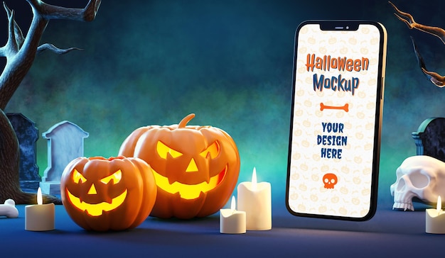 Halloween mobile phone mockup in a mysterious night scene with pumpkins and fog