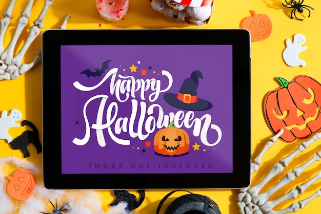 Halloween movie screening at home with tablet mockup