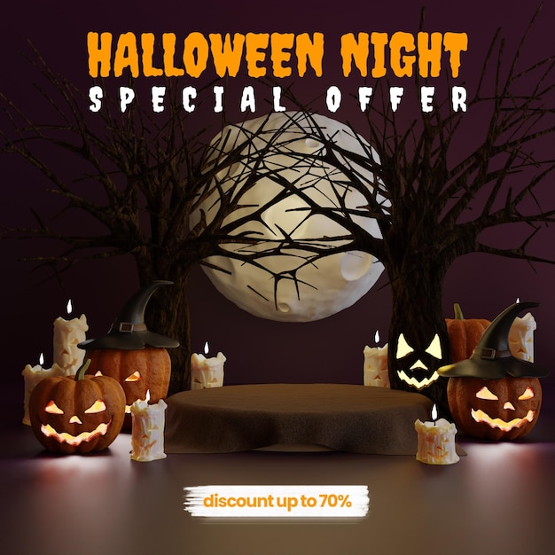 halloween night with spooky tree pumpkins moon and candle for product presentation