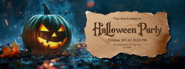 PSD halloween party banner template with scary pumpkin ghost background and scary haunted house