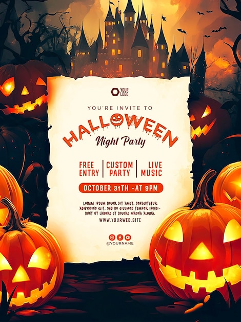 Halloween party invitation poster with Castle and pumpkins background