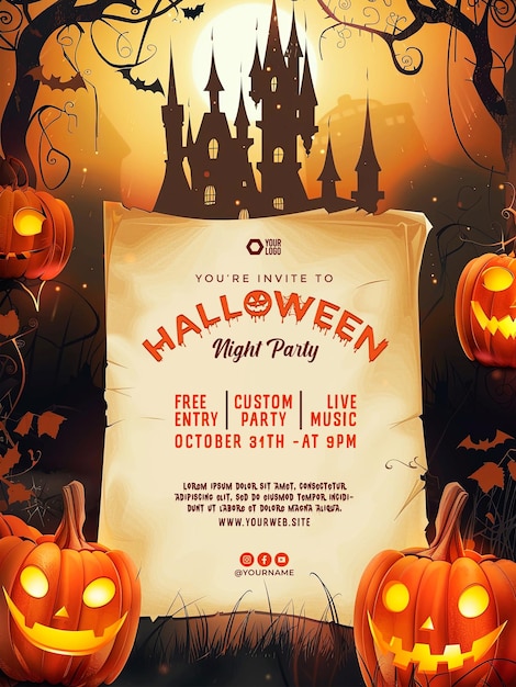 Halloween party invitation poster with Castle and pumpkins background