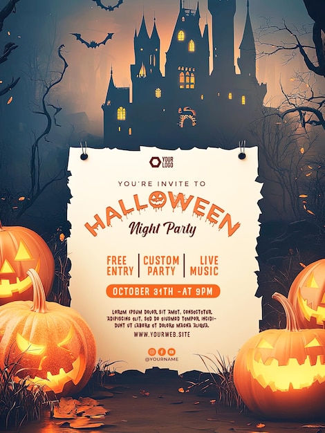 Halloween party invitation poster with Castle and pumpkins background