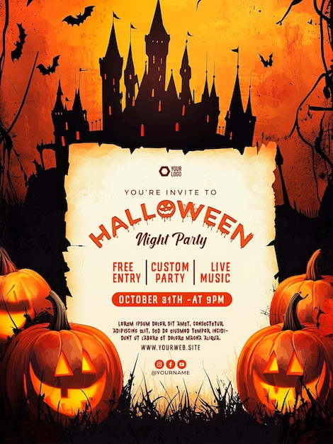 Halloween party invitation poster with Castle and pumpkins background