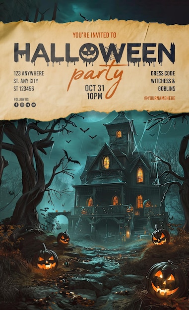 halloween party poster template with pumpkin ghost background and scary haunted house