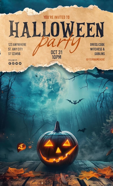 halloween party poster template with pumpkin ghost background and scary haunted house