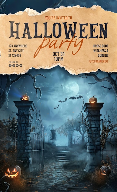 halloween party poster template with pumpkin ghost background and scary haunted house