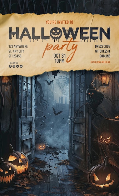 halloween party poster template with pumpkin ghost background and scary haunted house