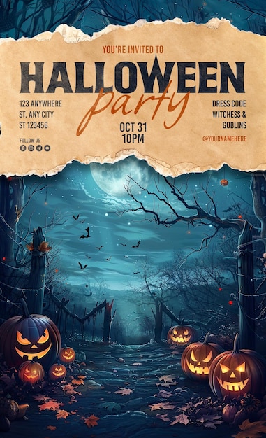 halloween party poster template with pumpkin ghost background and scary haunted house