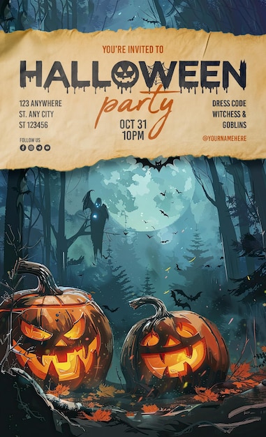 halloween party poster template with pumpkin ghost background and scary haunted house