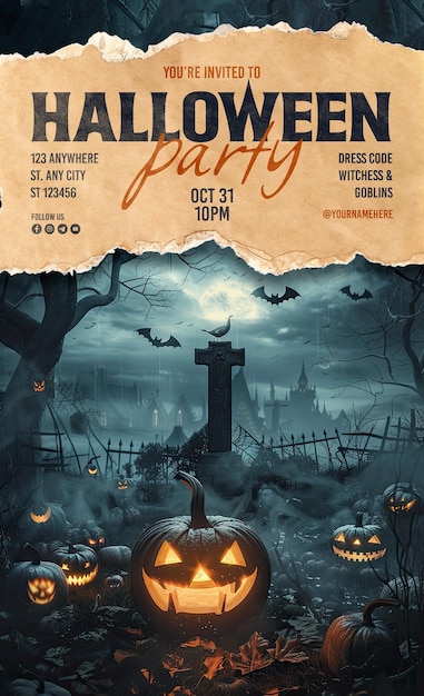 PSD halloween party poster template with pumpkin ghost background and scary haunted house