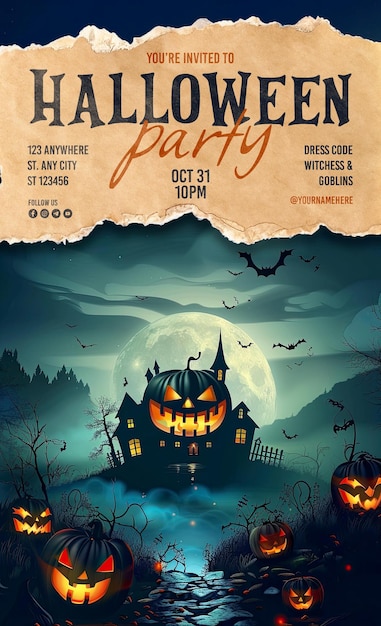 halloween party poster template with pumpkin ghost background and scary haunted house