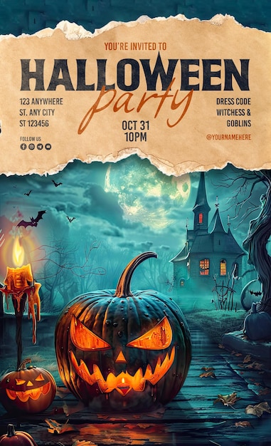 halloween party poster template with pumpkin ghost background and scary haunted house