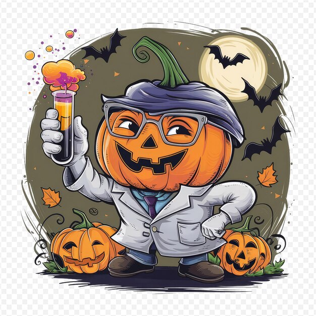 a halloween poster with a pumpkin and a pumpkin with a man in a suit holding a candy