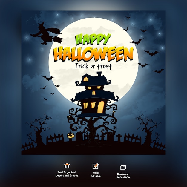 Halloween psd background with witch and bats