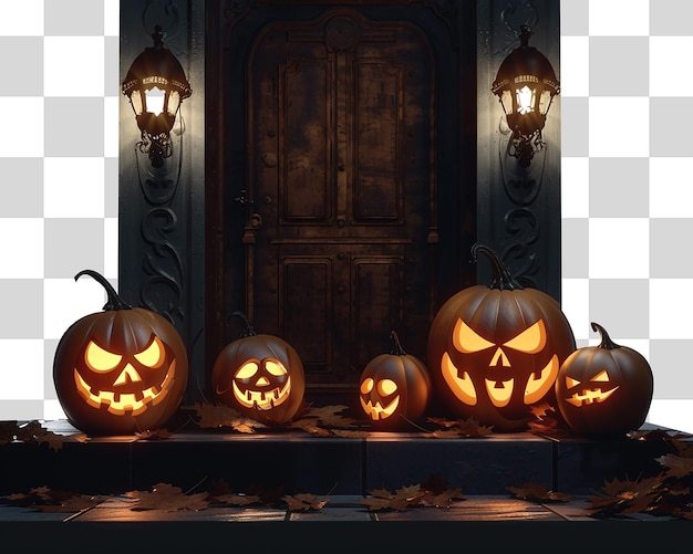 PSD halloween pumpkins decorating front door for spooky holiday celebration on a transparent background