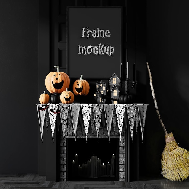 PSD halloween pumpkins fireplace frame mockup premium psd