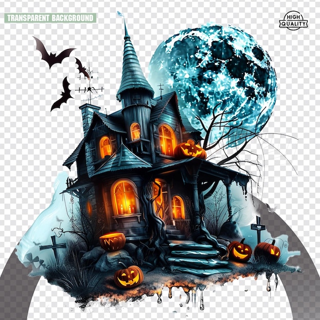 Halloween pumpkins on an orange background with bats Dark night halloween house