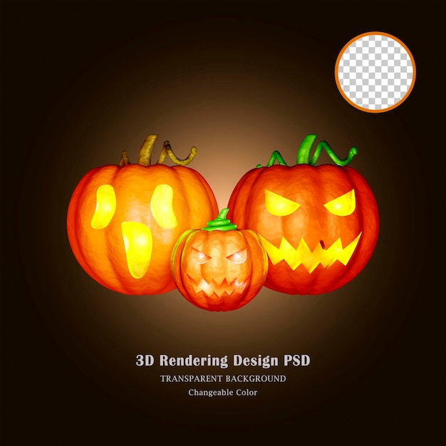 Halloween pumpkins smile and scary eyes.Eyes glowing inside three pumpkin 3D rendering