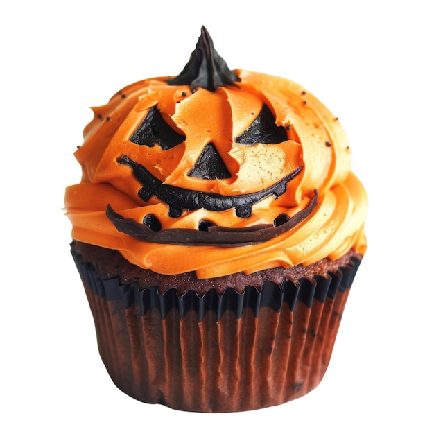 A Halloween PumpkinShaped Cupcake with Chocolate Accents