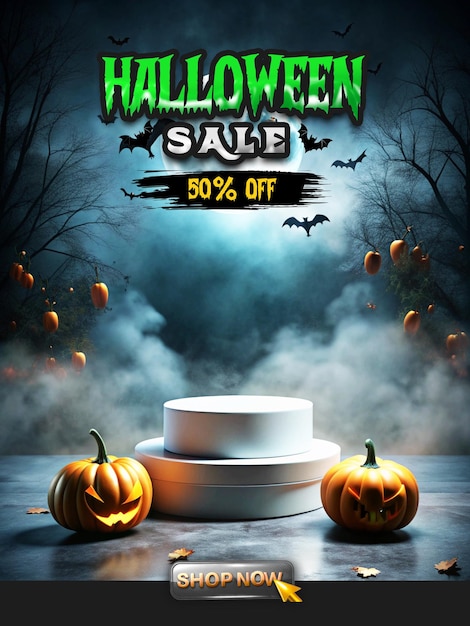 PSD halloween sale poster template with empty product podium display for promotions