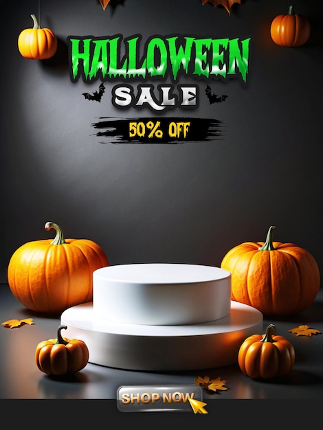 PSD halloween sale poster template with empty product podium display for promotions