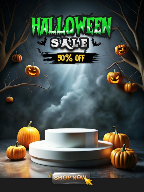 PSD halloween sale poster template with empty product podium display for promotions