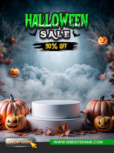 PSD halloween sale poster template with empty product podium display for promotions