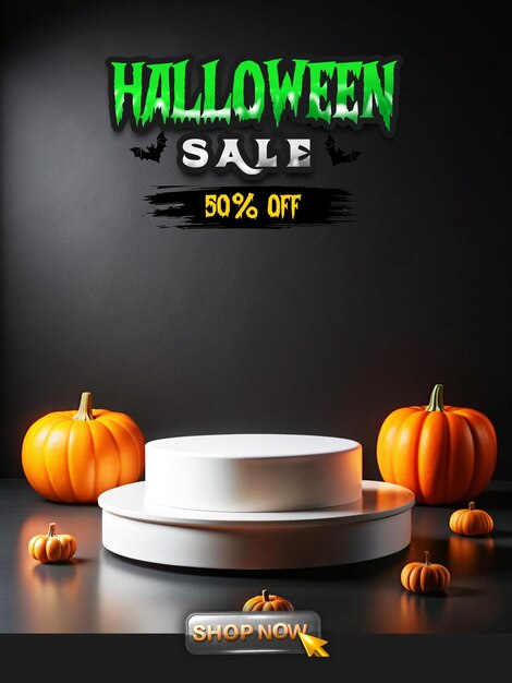 PSD halloween sale poster template with empty product podium display for promotions