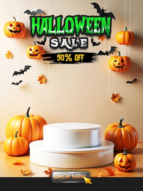 PSD halloween sale poster template with empty product podium display for promotions