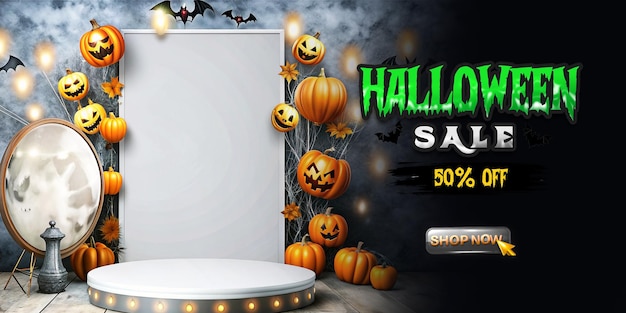 PSD halloween sale web banner template with empty product podium display for promotions