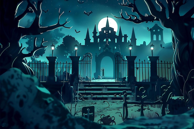 PSD halloween scary moonlight background with old graveyard