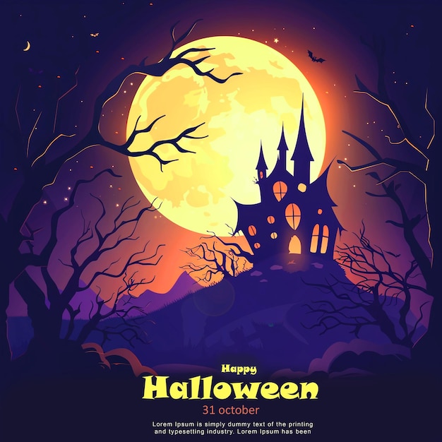 A halloween scene with bats and a full moon poster background design