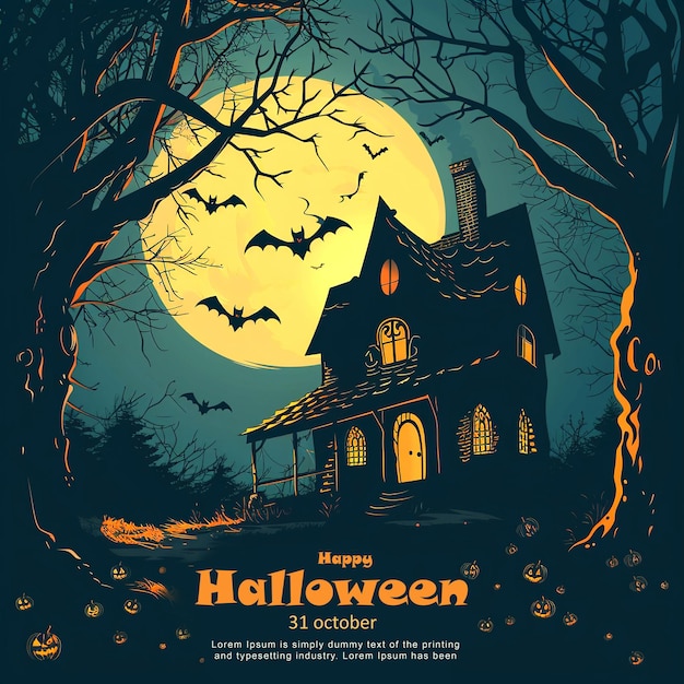 A halloween scene with bats and a full moon poster background design