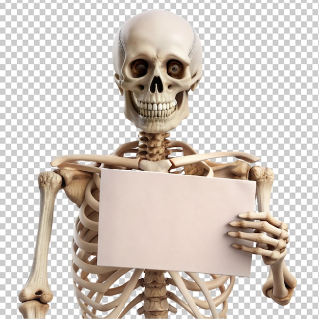 PSD halloween skeleton holding a blank on transparent background