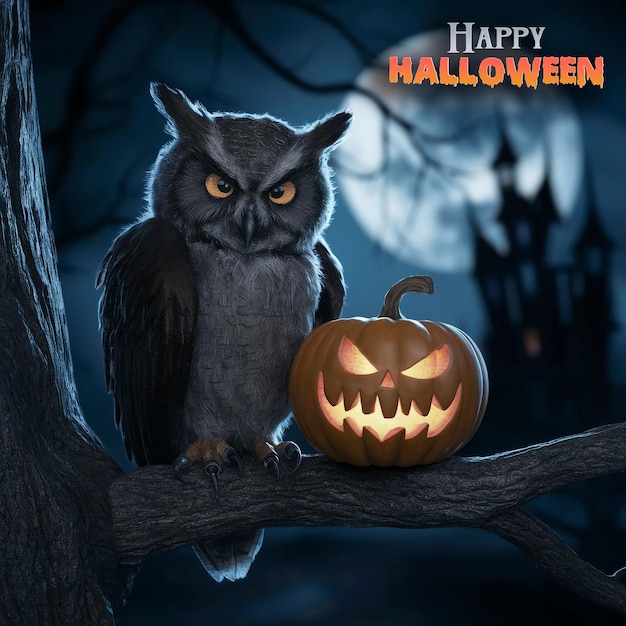 Halloween smiling pumpkin with owl greeting social media template