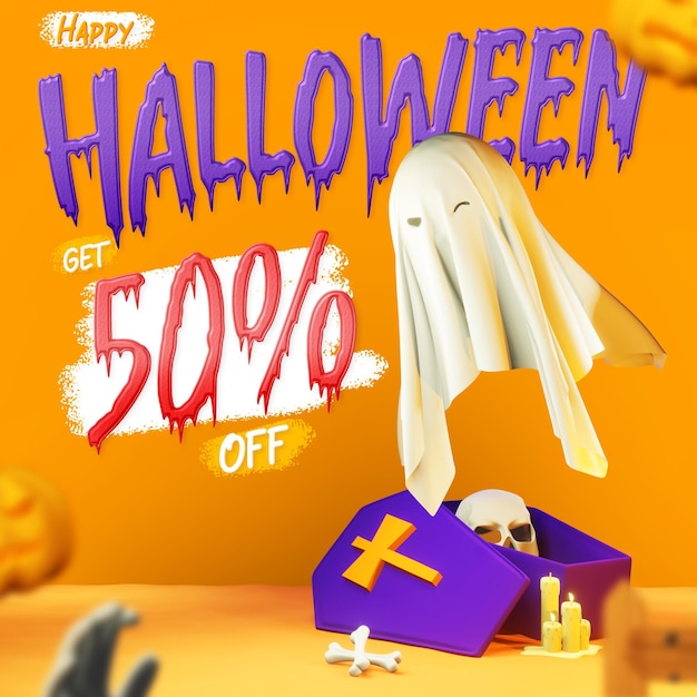 PSD halloween social media post template with 3d ghost character