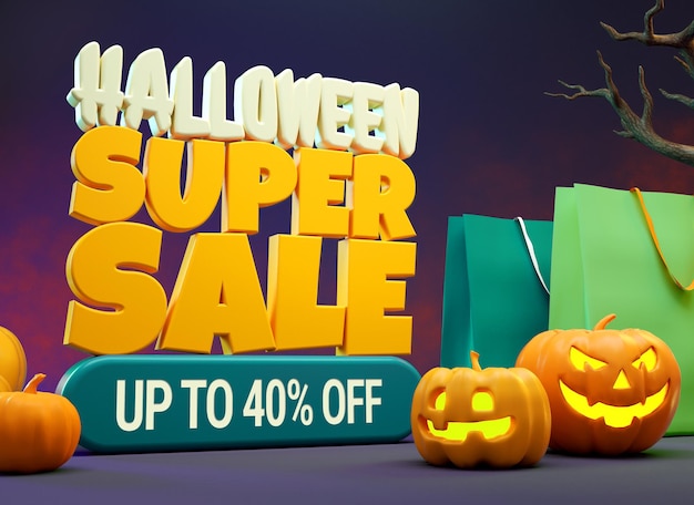 Halloween super sale mockup with pumpkins and shopping bags in 3D rendering