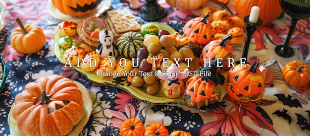 PSD halloween table setting with pumpkins and treats