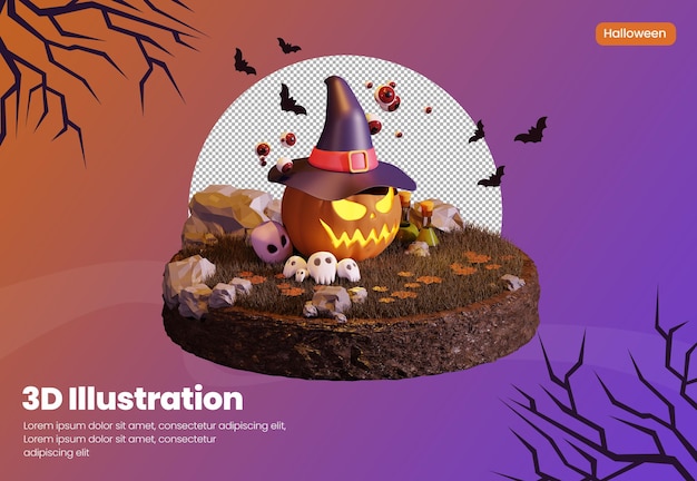 Halloween theme 3d rendering illustration with pumpkin wearing a hat