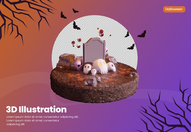 Halloween theme 3d rendering illustration with skull and cute ghost