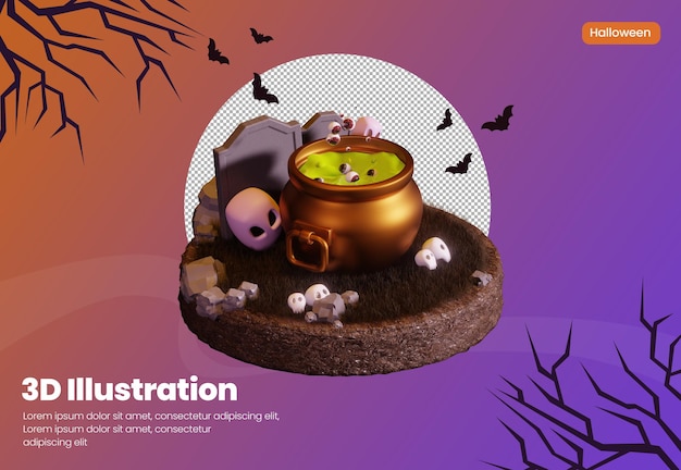 Halloween theme 3d rendering illustration with Spooky Potion in Witch pot