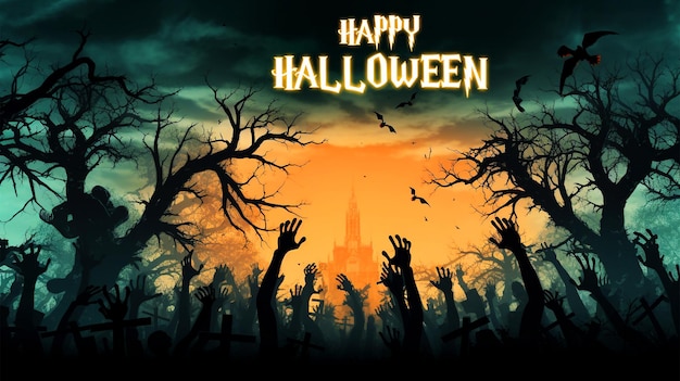 PSD halloween trick or treat greeting card with bats scary pumpkins and spider with a building