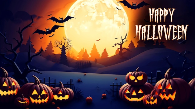 PSD halloween trick or treat greeting card with bats scary pumpkins and spider with a building