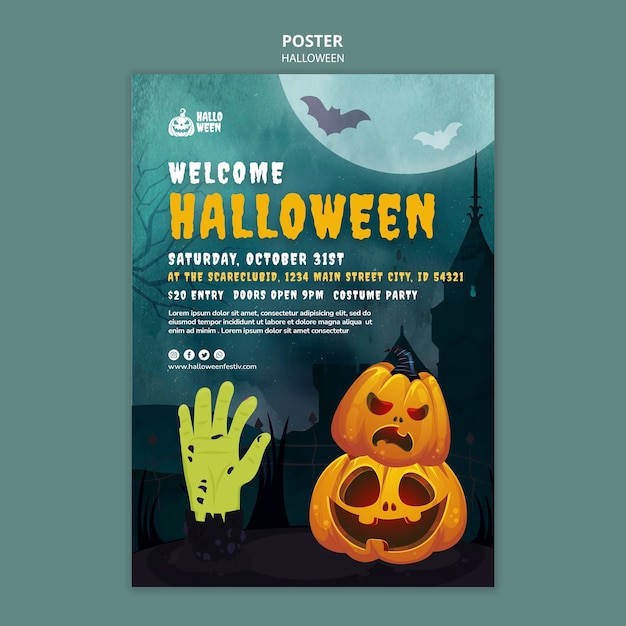 Halloween vertical print template with pumpkins and monster hand