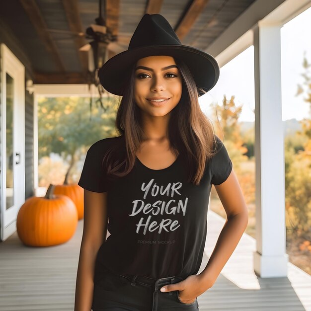 PSD halloween in the woods autumn black tshirt mockup with a beautiful girl wearing a witch hat