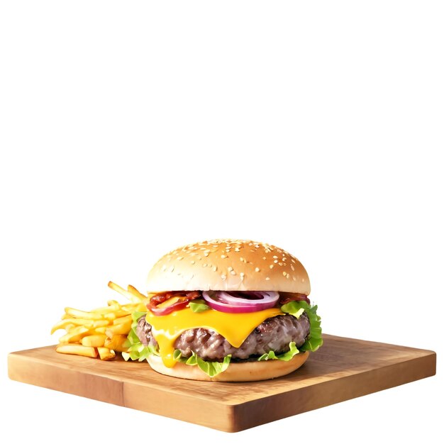 PSD a hamburger with cheese and fries on a wooden board