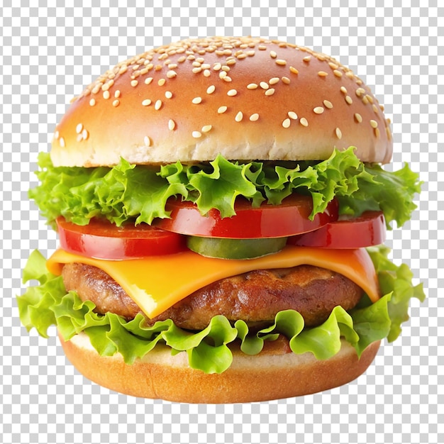 A hamburger with lettuce tomato and cheese on transparent background