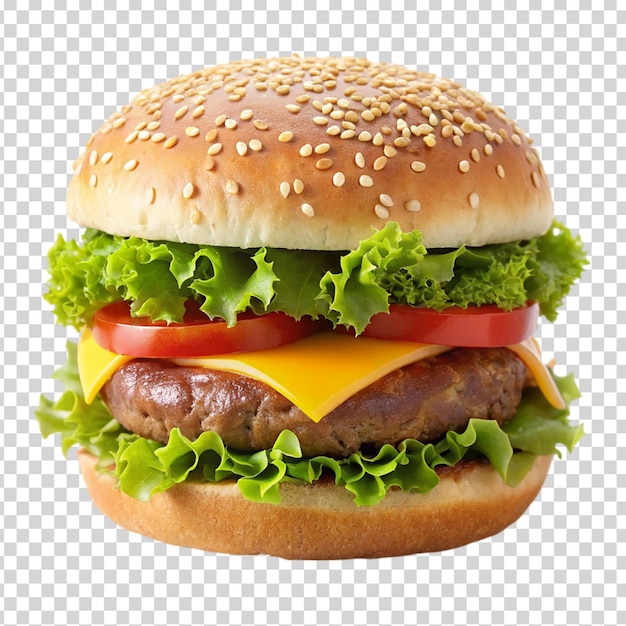 A hamburger with lettuce tomato and cheese on transparent background