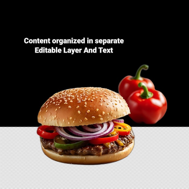 PSD a hamburger with a red tomato on it and a tomato on the bottom with a white background